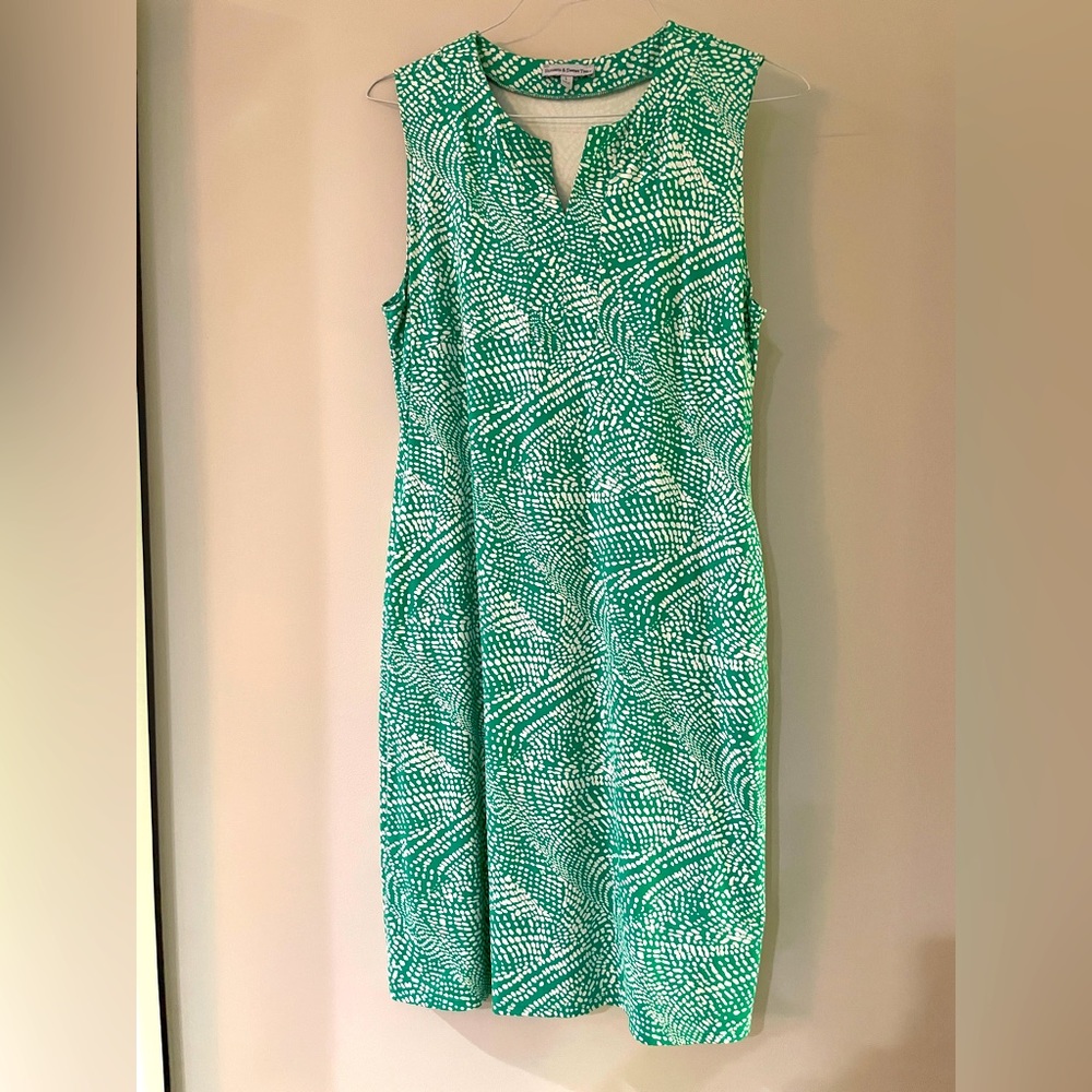 Sunsets and Sweet Tea sleeveless spandex woman’s dress. Green and white.